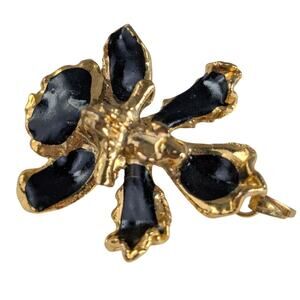 Vintage RISIS Singapore 24K Gold Dipped Real Orchid Brooch/Pendant  Black Enamel